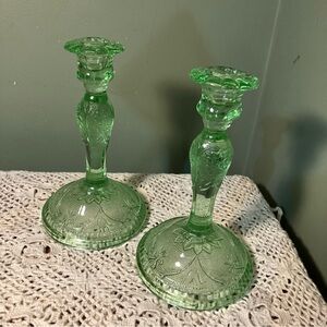 Indiana Glass Tiara Candlestick Holders Pair Chantilly Green Vintage